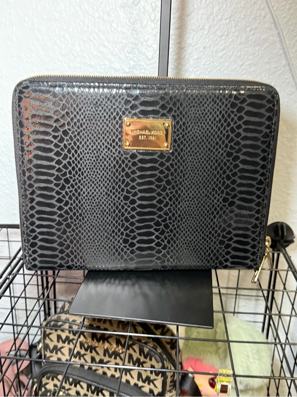 Michael Kors Jet Set Black Snakeskin Embossed Large Zip Around Tablet Wallet